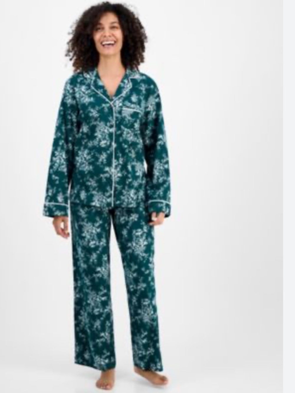 Charter Club Womens 2-Pc. Cotton Flannel P Green Floral
